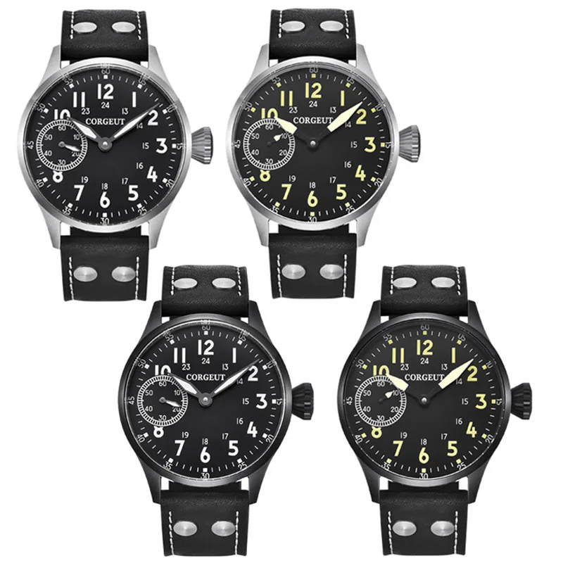 

Corgeut 44mm Mens Hand Winding Watch Black Dial Sapphire Glass WristWatch Black Rivet Leather Strap 6497 Mov't Watches CM2017