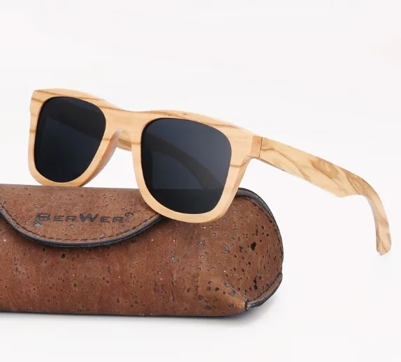 black with cork case BerWer солнцезащитные очки из дерева ручной работы для женщин и мужчин фирменный дизайн винтажные модные очки поляризованные линзы солнцезащитные очки - Цвет линз: black with cork case