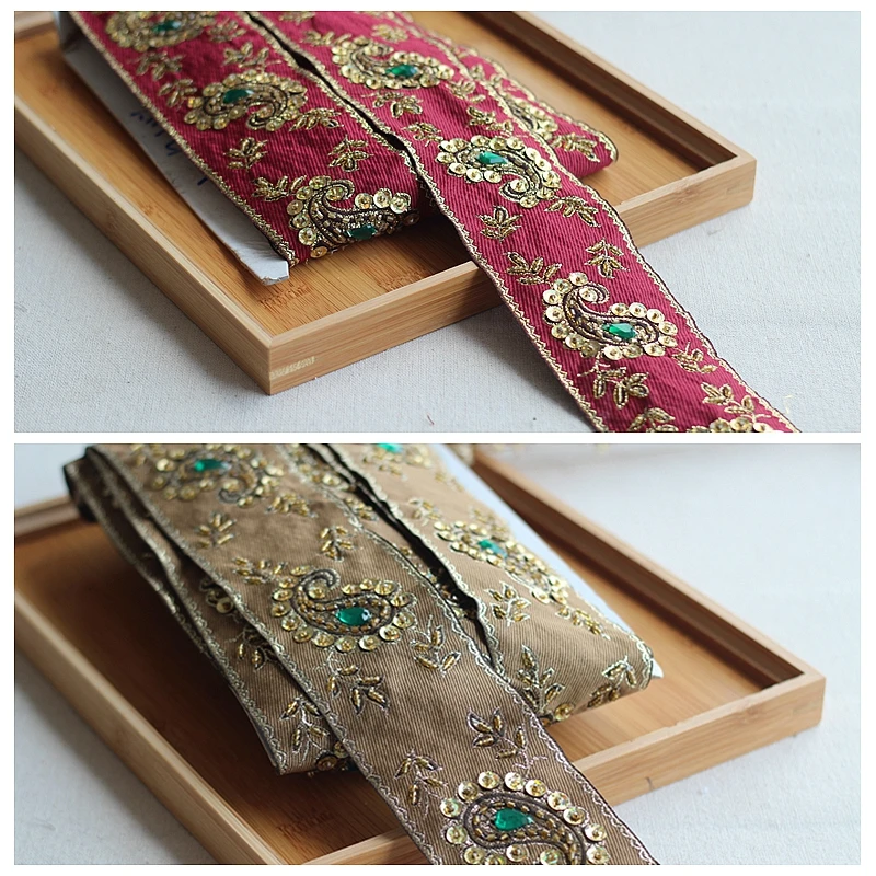 

2yard 2 color High Quality Hand Made Beaded Sequined Wedding Lace Trim Embroidered Retro Lace Bridal 2.17'' Wide