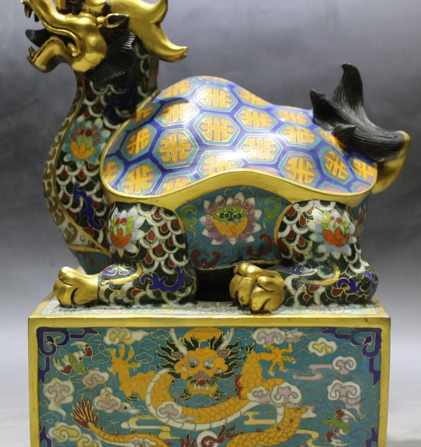 

FREE SHIPPING 10" Cloisonne Purple Bronze 24K Gold Dragon Tortoise imperial Seal Stamp Signet