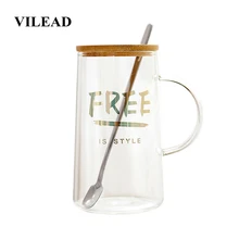 VILEAD 520 мл позолоченное стекло с буквами, деревянная крышка с ложкой большой емкости, креативная Простая Офисная чашка для кофе, цветочные чайные чашки
