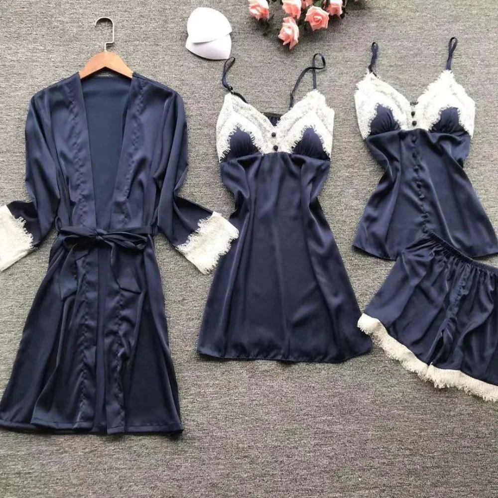 JRMISSLI/роскошные женские пижамы из шелка и кружева пижамный комплект 4 предметов