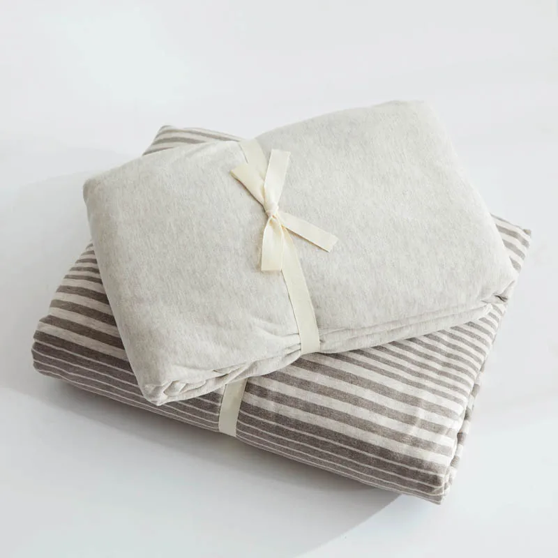 

Papa&Mima stripe Bedlinens Queen King Size simple style knitted Cotton Brown duvet cover Fitted or Flat Bedsheet sets