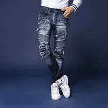 Autumn male patch hole jeans male water wash bleach slim skinny