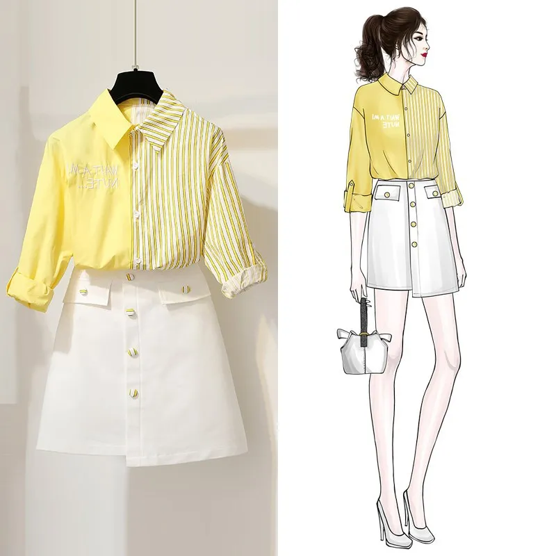 

ICHOIX Korean style 2 piece set women two piece outfits summer clothing 2019 two piece skirt set Blue shirt Elegant suit set OL