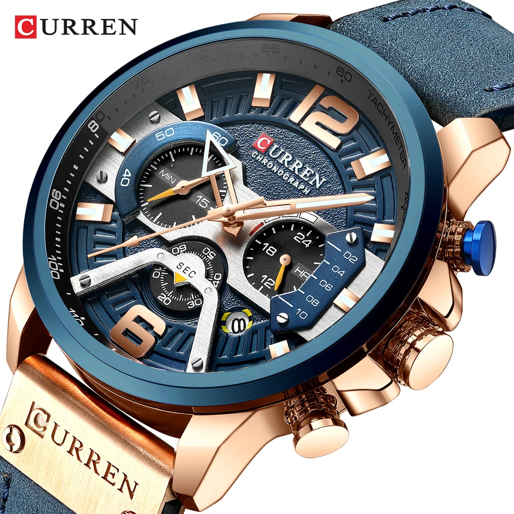 

New Hot CURREN Fashion Casual Sport Watches for Men Blue Top Brand Luxury Military Chronograph Leather Wrist Watch Man Clock