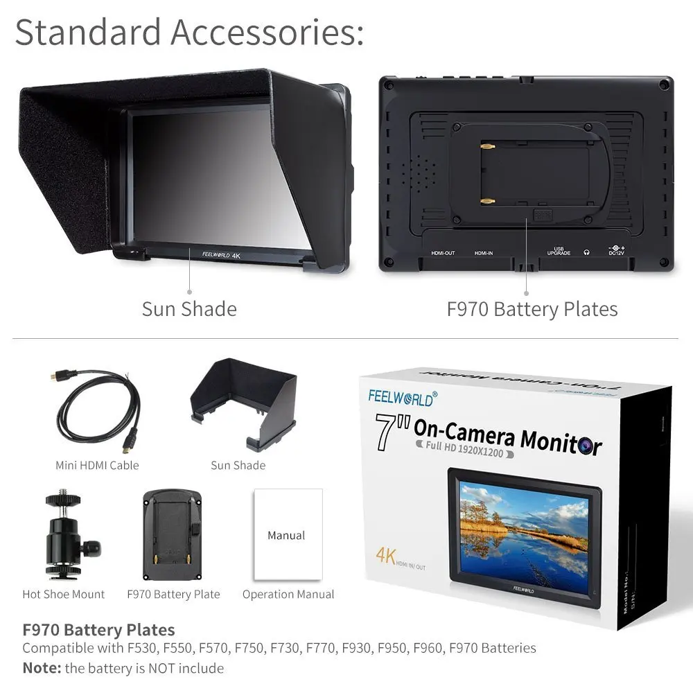 Монитор Feelworld для цифровой зеркальной камеры экран 7 дюймов IPS 1920x1200 4K HDMI Canon Nikon Sony