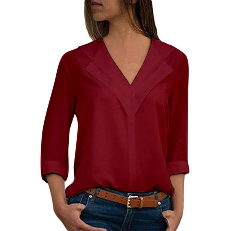 

Office Ladies Plain Roll Sleeve lady Blouse Tops 2019 Women double V neck blouses solid long sleeve shirts Chiffon Solid Shirt