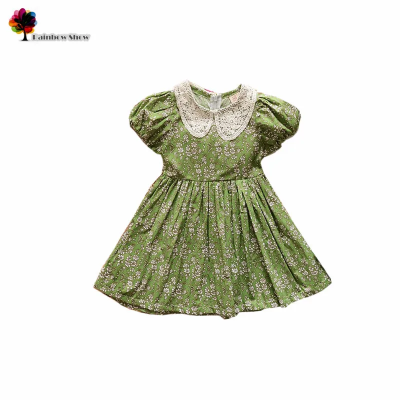

2015 New Children Clothing  Spring Summer Girls Lace Neck Green Floral Lantern  Short Sleeve Cotton Kids Dresses