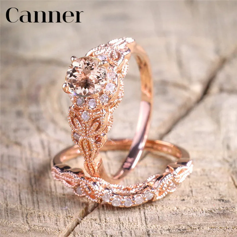 

Canner 2Pcs/Set White Crystal Rings Rose Gold Filled Cubic Zircon Ring Wedding Band Promise Engagement Rings For Women Jewelry