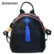 Vintage Oxford Backpack for Women Casual Book Bag Girls School Satchel Daypack with Chinese Knot Tassel Retro Ethnic Travel Bag