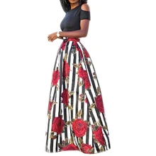 New Two Pieces Casual Women Maxi Dresses Short Sleeve Black Top Long Pattern Floral Dress Plus Size 6XL Vestidos