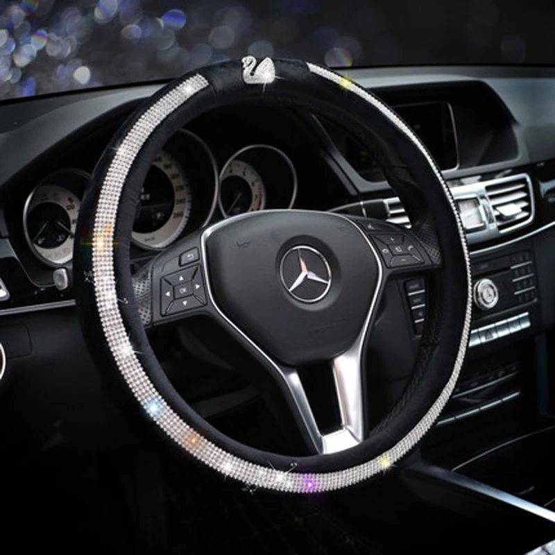 Swan Winter Plush Steering Wheel Cover Crystal Rhinestone Fur Auto Steering Covers Diamond Car Wheel Case