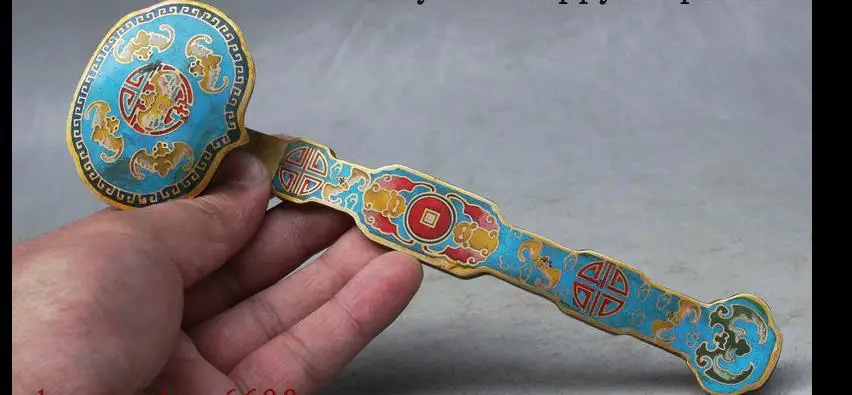 

671115525++++8" Marked China Pure Bronze Cloisonne Enamel Longevity Shou Bat Statue RuYi