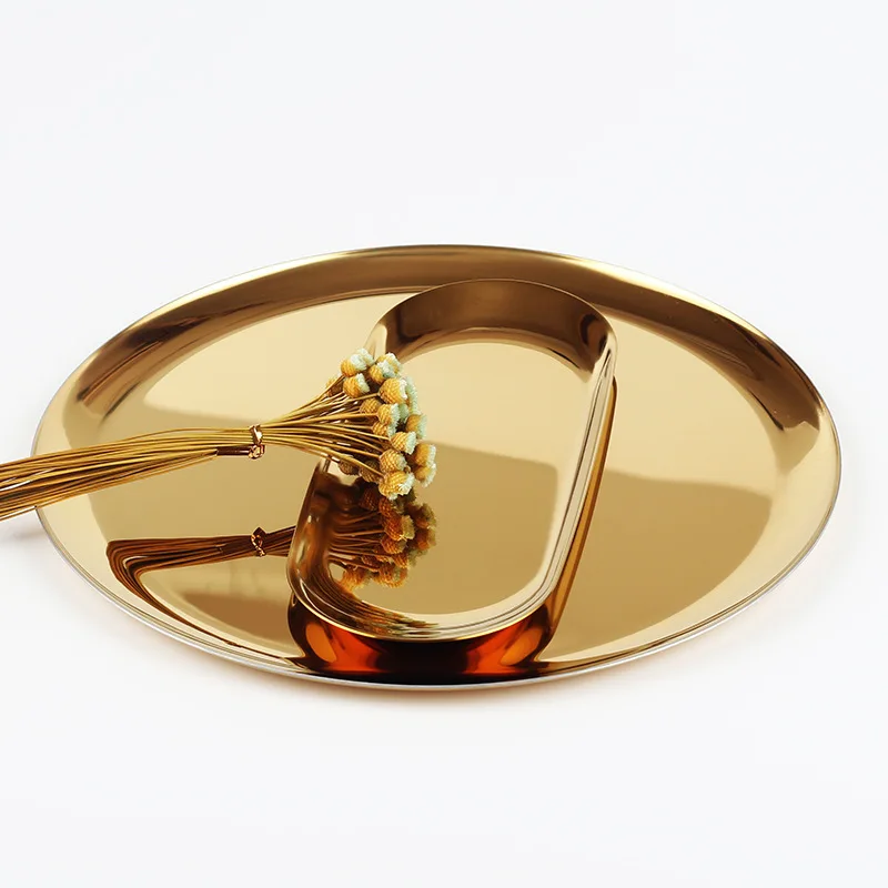 

Colorful Metal Storage Tray Gold Round Fruit Plate Small Items Jewelry Display Tray Party Wedding Decoration Tray Dessert Plate