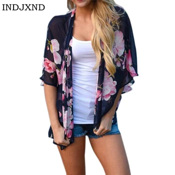 

INDJXND 2019 New Arrival Summer Sunproof Cardigan Fashion Women Printing Chiffon Bikini Cover Up Kimono Cardigan Coat Camisa Hot