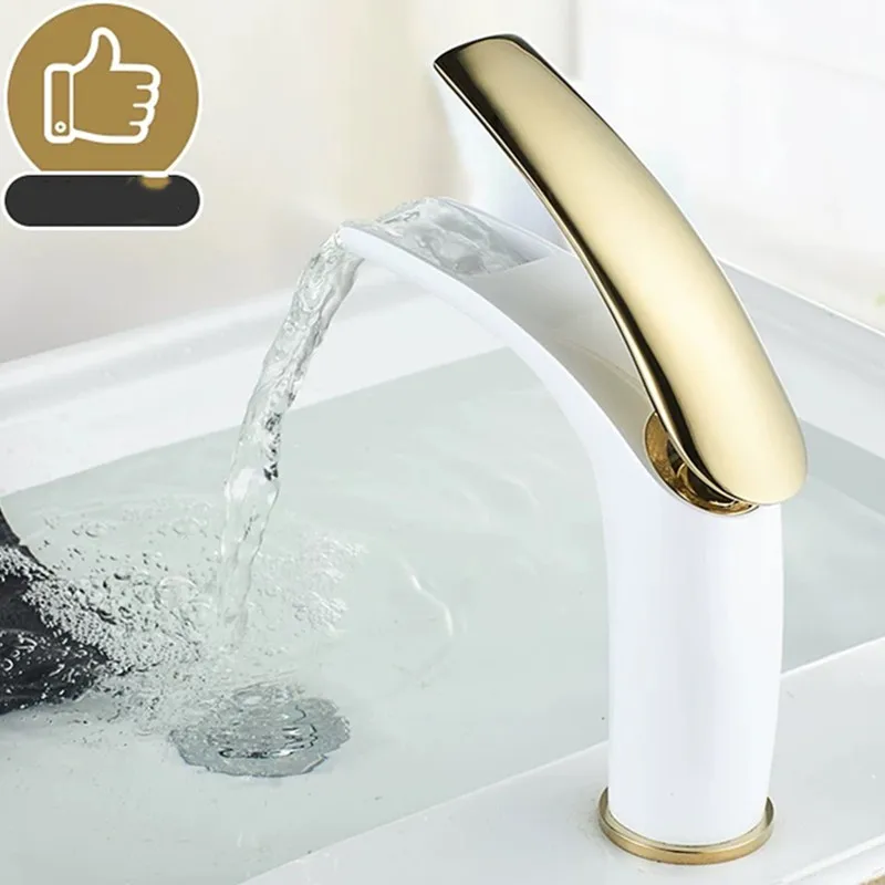 Grifos de lavabo de latón blanco, grifo alto/bajo para baño, tipo abierto,  cascada dorada, mezclador de agua fría y caliente, Torneira - AliExpress