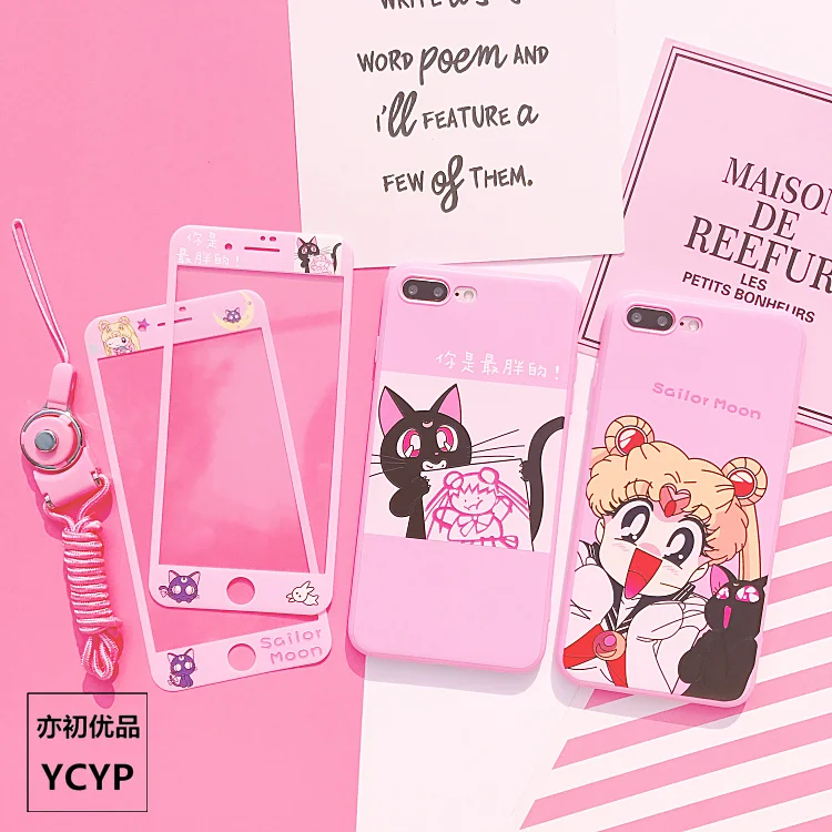 For iphone 8 plus Sailor Moon Case +Tempered Glass Screen