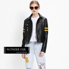 Модная кожаная куртка импорт овец кожаная куртка для Для женщин с полосы рукав дубленка Топ Дизайн качество кожи