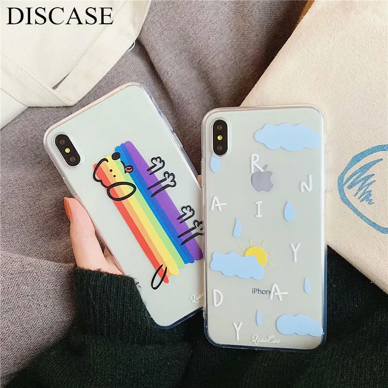 

DISCASE Simple Art Couple Soft Shell Phone Case For iphone XS MAX XR X 6 8 7plus Transparent INS Love Letters Funny Rainbow Dog