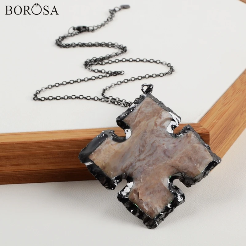 

BOROSA Rough Natural Jaspers Necklace Unisex Gun Black Color Cross Shape Stone Jewelry CL149