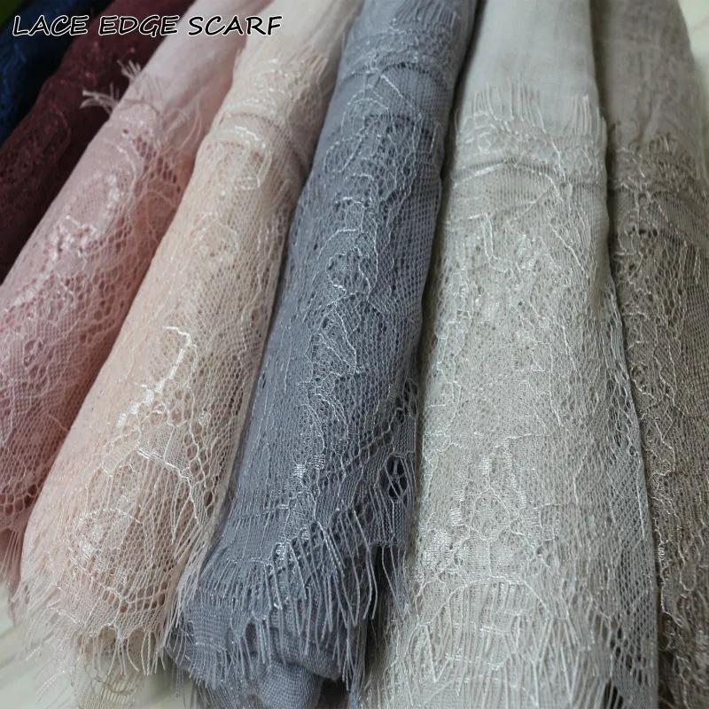 

5PCS Ladies Lace edges Free Shipping beautiful hijabs Scarves Women Plain/solid Cotton viscose Head Scarf oversize muffler shawl