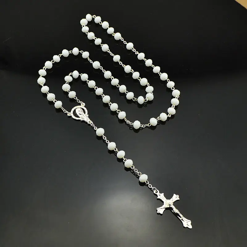 

Catholic Religious Women Silver Plated Christian Virgin Mary Rosary Necklace Jewelry White Porcelain Crystal Prayer Beads