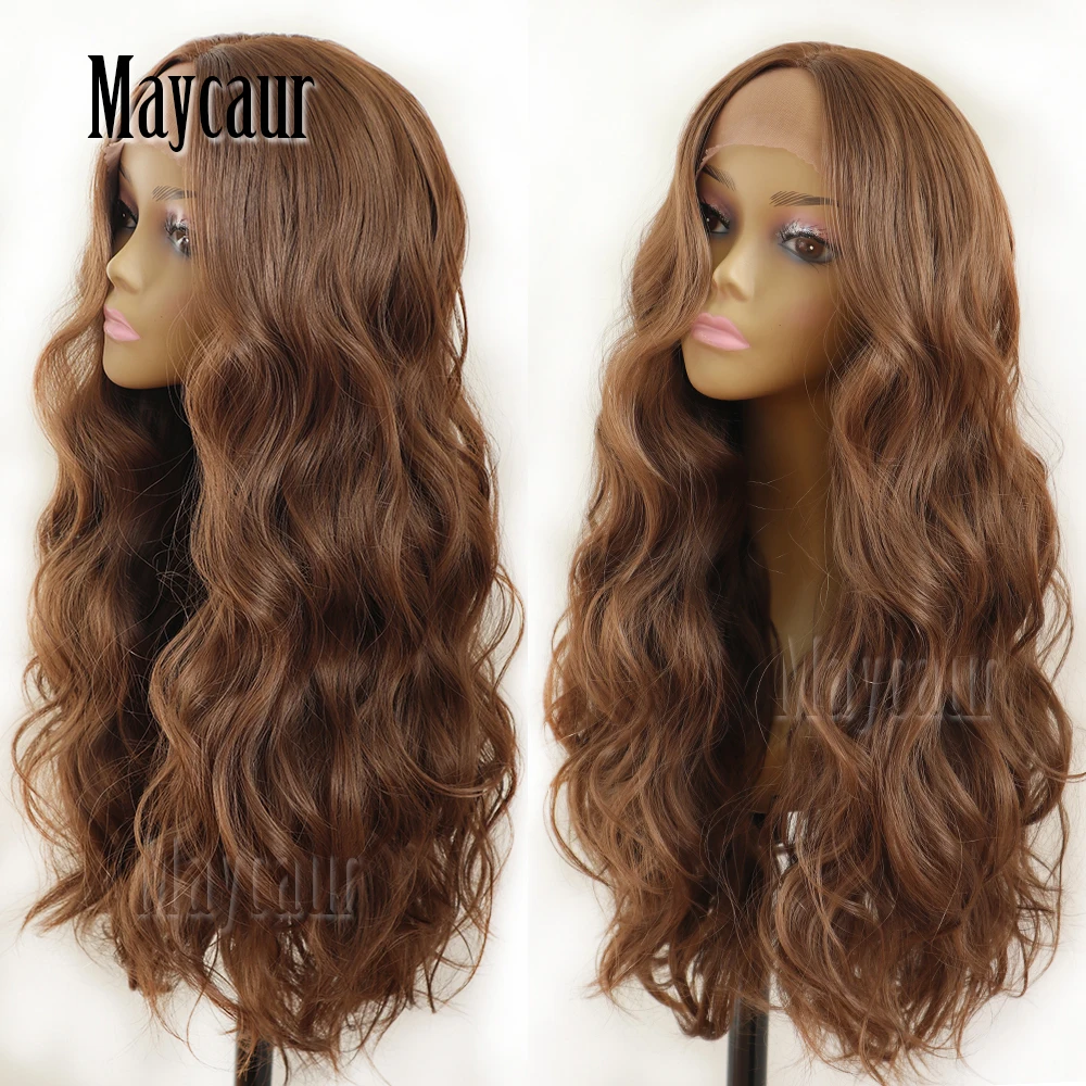 Maycaur Hair Long Body Wavy Hair Lace Front Wigs Glueless Heat Resistant Synthetic Lace Front Wigs Middle Brown Color Synthetic Wigs