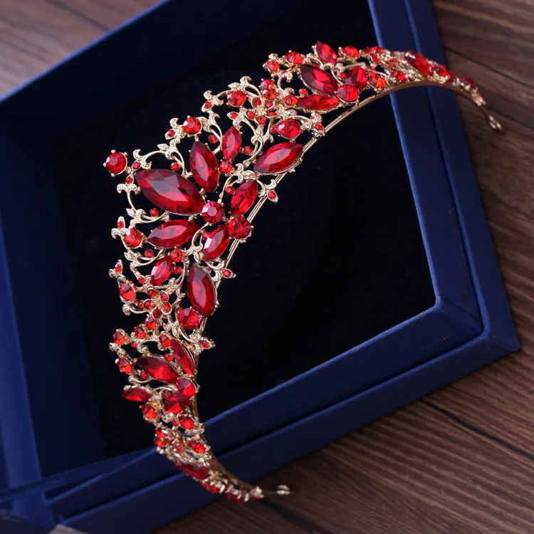 Барокко Винтаж золотой красный кристалл лист свадебная тиара волосы лоза Стразы Корона повязка на голову для невесты Свадебные аксессуары для волос
