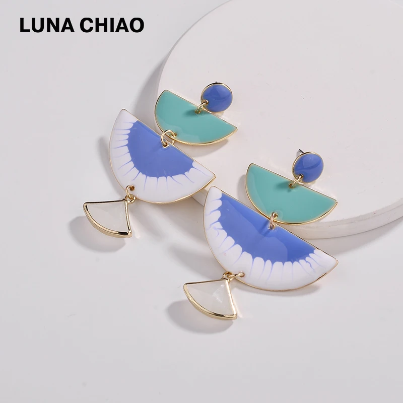 

LUNA CHIAO Fashion Gold Plating Metal Fancy Colorful Art Painted Earring Semi Circle Drop Women Statement Earrings