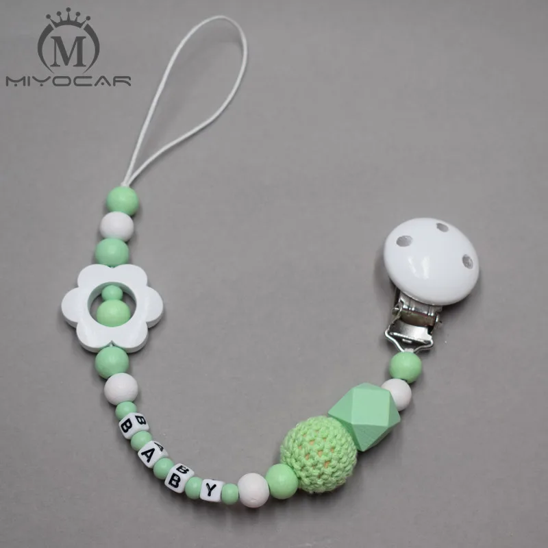 

MIYOCAR any name can make green white wood bead pacifier clip holder dummy clip and stroller chain toy pram charm and rattle
