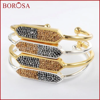 

BOROSA Gold/Silver Color Rhinestone Pave Crystal Bezel Bangle Handcrafted Druzy Bangles Bracelets Gems Jewelry for Women JAB813