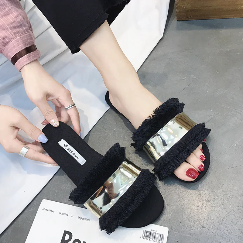 

PADEGAO Summer Flat Fringe Slides for Men Open Toe Mature Fashion Outdoor Slippers Leisure Concise Mixed Colors Womens Shoes