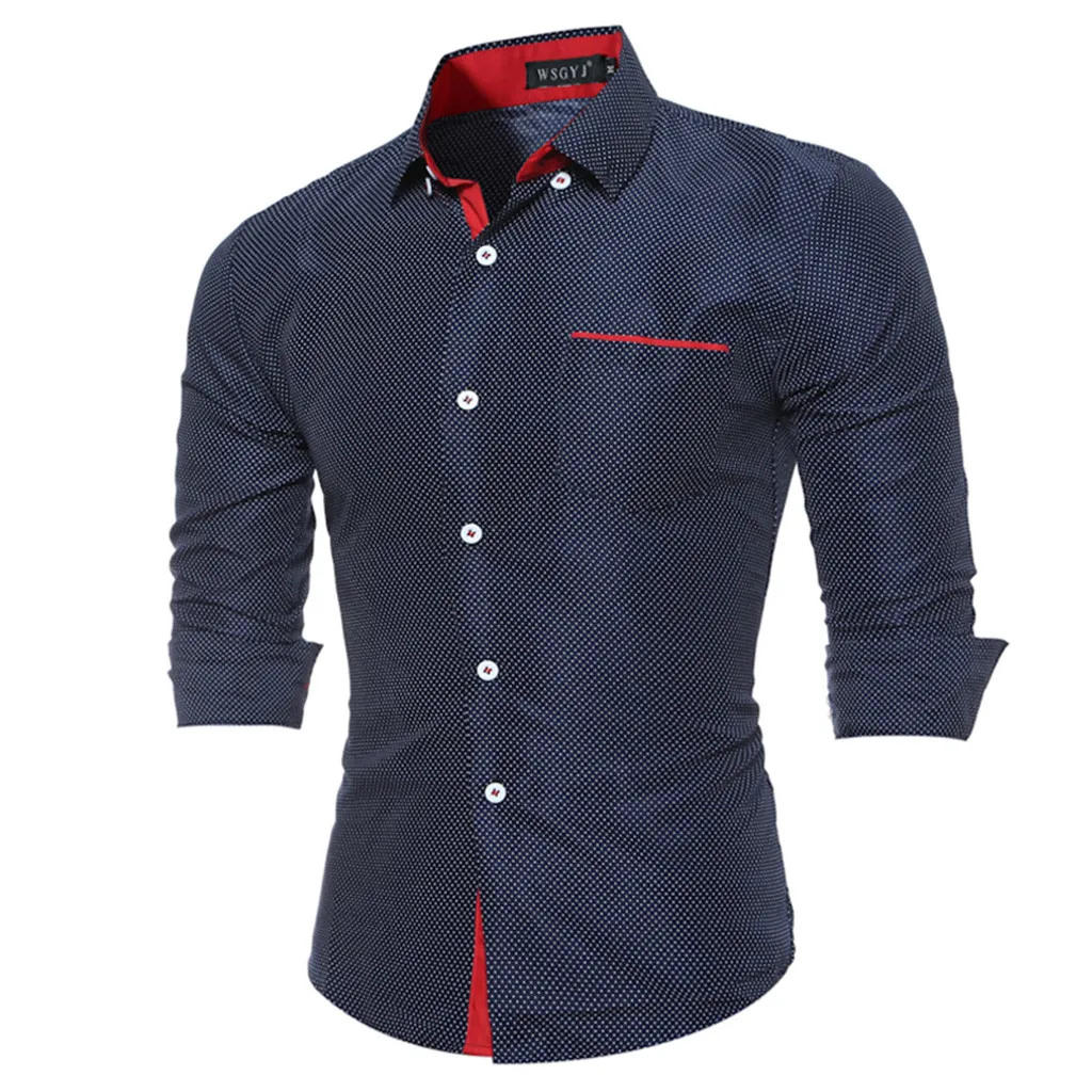 Мужская одежда, рубашки с длинным рукавом, модная блузка, топы, camisa masculina, мужские рубашки, облегающие, в горошек, d90622 - Цвет: Тёмно-синий