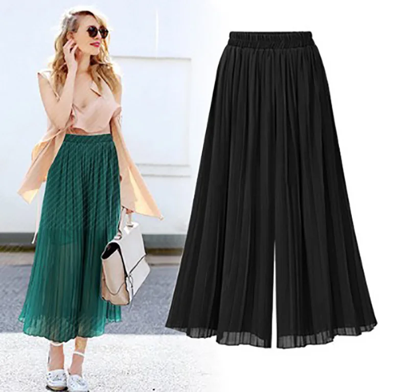 Plus Size Chiffon Pants Women Pleated Pant Thin Wide Leg Pant Ankle Length Wide-Legged Trousers High Waist Casual Skirts Pants