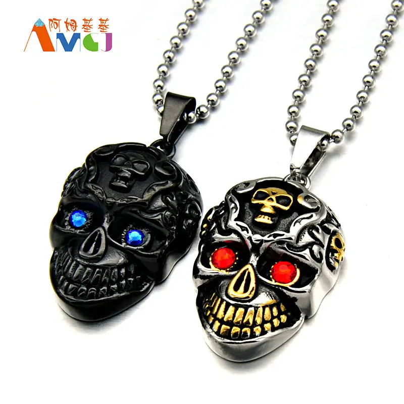 Glowing Eyes Skull Pendant Necklace Men Stainless Steel Gold Black