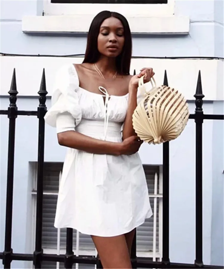 

2019 Summer Women White Short Dress Casual Puff Short Sleeve Mini Dress Square Neck Lace Up Vintage Dress