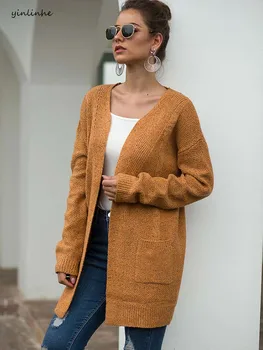 

yinlinhe Yellow Long Cardigan Women Cashmere Twist Knot Winter Sweater Women Long Sleeve 2019 warm female Cardigan Pockets 1208