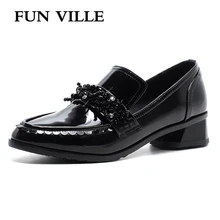 FUN VILLE 2018 Spring New Fashion Women flats shoes British Style Oxford Shoes Genuine Leather low heel slip-on sexy ladies shoe 2018 spring low heel casual shoes patent leather loafers british style fashion slip on shoes 3cm