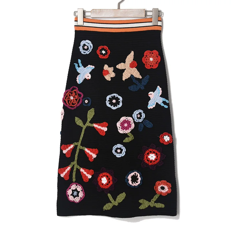 3D Цветы Aapliques миди юбки-карандаш Женская мода подиум элегантный свитер юбка зимняя высокая талия вязаная длинная юбка миди