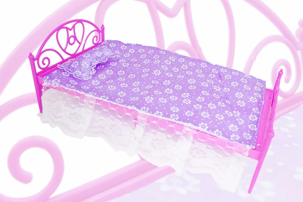 3 шт./компл. = 1 прекрасная мини-пластиковая фиолетовая кукольная кровать+ 1 подушка+ 1 простыня кукольный домик мебель для Барби аксессуары для кукол