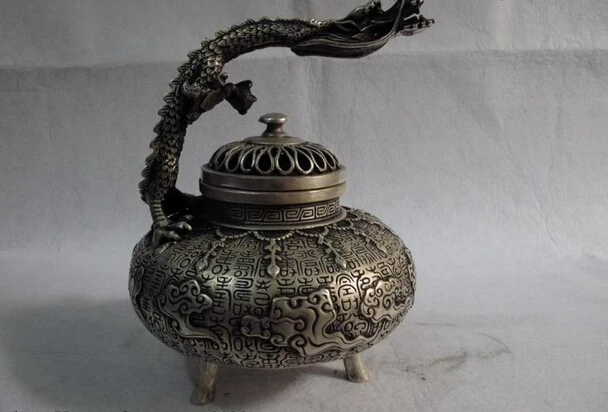 

Elegant old S0724 Tibet white bronze copper silver Dragon auspicious clouds censer incense burner statue (A0322) A0403