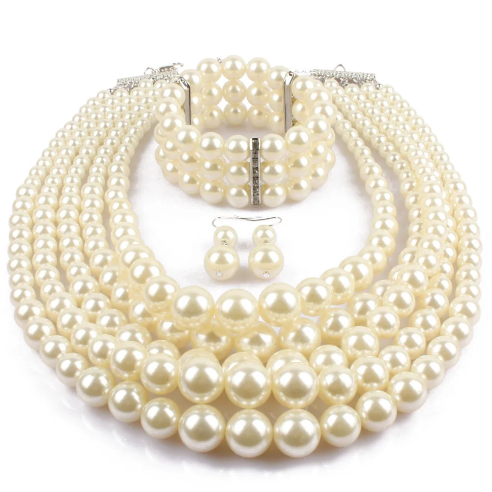 Модные Преувеличенные жемчужные пряди ожерелье серьги браслет из бисера 3 богемный многослойный Кристалл жемчужные Ювелирные наборы для женщин
