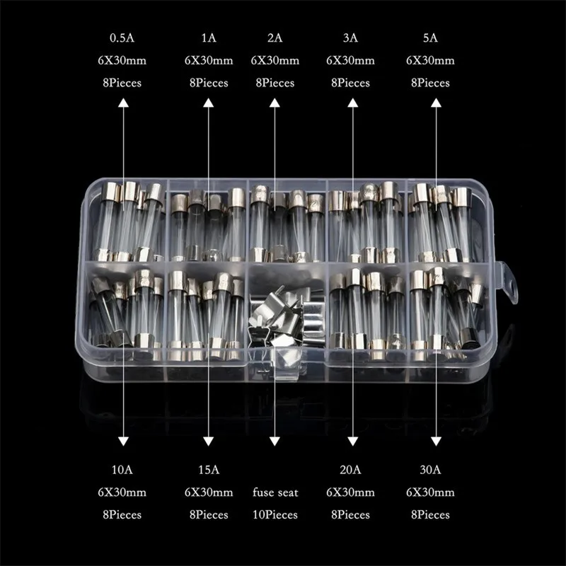 72 шт. быстродействующие Стекло предохранитель 6x30 мм 0.5A/1A/2A/3A/5A/10A/15A/20A/30A 250 Ватт Электрический быстродействующие предохранители комплект с предохранитель сиденья