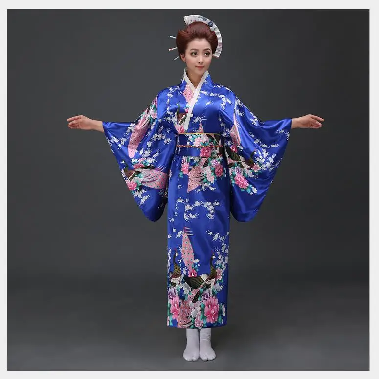Винтаж японский Леди шелковый атлас кимоно женщина юката с Оби Новинка Вечеринка платье Косплэй костюм цветок один размер b-020 - Цвет: Blue
