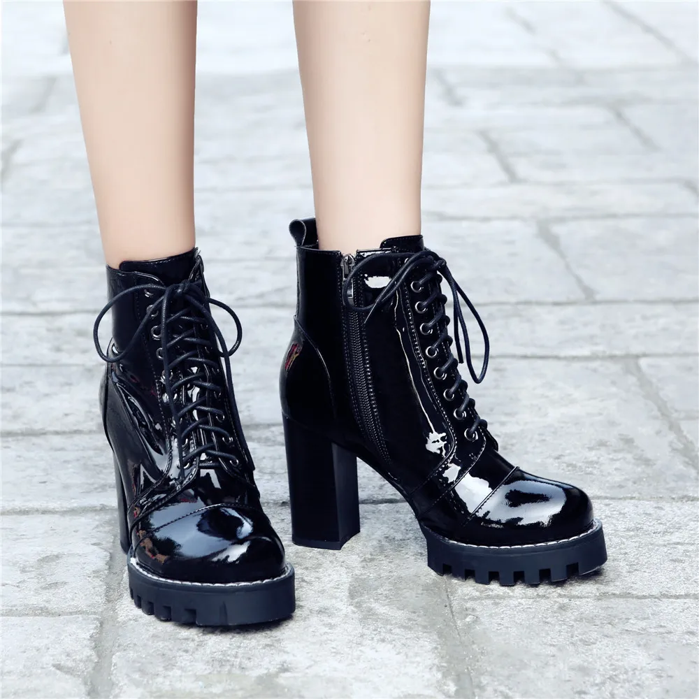 Prova Perfetto Brand Design Black ankle Boots Women Lace-up Real Leather Platform Shoe Woman Party Ankle Boots High Heel Boots