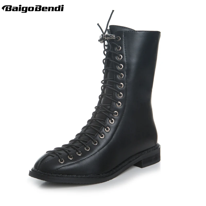 

Hot!! Woman Flat Heel Martin Boots Lace Up Pointed Toe Ridding Boots Girls Winter Mid-calf Military Boots