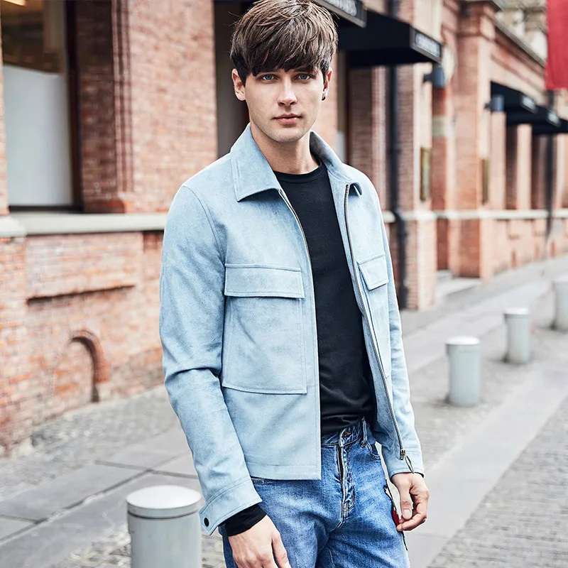 

2018 spring new arrivals men jacket pink blue big pocket decor zipper suede turn-down collar long sleeve streetwear mens jackets