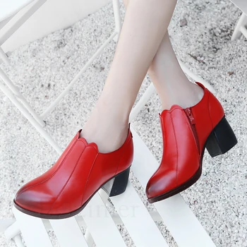 

BERZIMER Autumn Women Ankle Boots Genuine Cow Leather Square Heels Pointed Toe Date Botas Mujer Shoes Woman Black Red Size 35-40