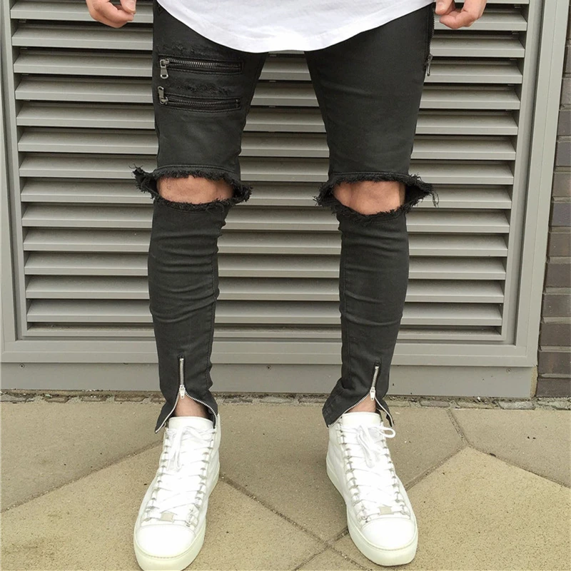 COULHUNT Men Long Straight Jeans Men's Slim Black Denim Straight Biker Skinny Jeans Men Ripped Jeans Side Zipper Pants For Male